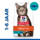 Hill's Science Plan Katzenfutterbeutel mit einer getigerten Katze, beschriftet mit "ADULT 1-6" und "mit Thunfisch," vom Tierarzt empfohlen.