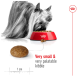 A Yorkshire Terrier eats from a red bowl of kibble, with a labeled piece of kibble reading "Very small & very palatable."
