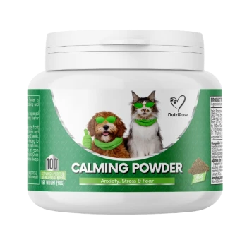 White jar labeled Calming Powder (Anxiety, Stress & Fear) by NutriPaw, showing dog and cat wearing green goggles and scarves.