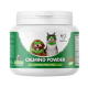 White jar labeled Calming Powder (Anxiety, Stress & Fear) by NutriPaw, showing dog and cat wearing green goggles and scarves.