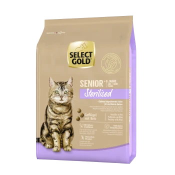 Sac de nourriture pour chat avec un chat tigré, étiqueté "SELECT GOLD SENIOR Stérilisé," avec des détails sur la nutrition optimale pour les chats stérilisés.