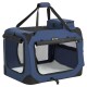 Tragbare Haustiertrage in Marineblau mit Netzfenstern, weichem Innenraum und einem oberen Griff für einfachen Transport.
