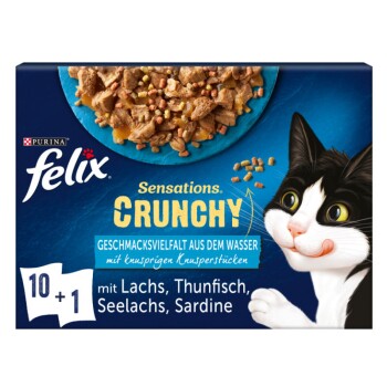 Felix Sensations Crunchy 10x85g + 40g Knusperstückchen Geschmacksvielfalt aus dem Wasser