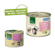 Zwei Real Nature Hundefutterdosen: "Kaninchen & Pute" für Junioren und "Vollwertnahrung" mit einer Grafik eines kleinen Tieres, die ein neues Design zeigt.