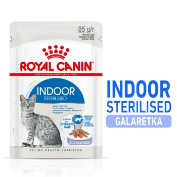 Torebka karmy dla kotów Royal Canin Indoor Sterilised, z ilustracją szarego kota tabby, oznaczona '85 g/r' i 'odpowiednia dla sterylizowanych kotów.'