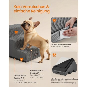 Französische Bulldogge auf grauer Kord-Haustiertreppe; deutscher Text „Kein Verrutschen & einfache Reinigung“; wasserdichte Oberseite, rutschfeste Unterseite, abnehmbarer, waschbarer Bezug.