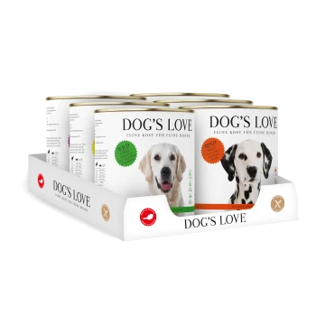 Eine Anzeige von sechs Dosen "DOG'S LOVE" Hundefutter, mit verschiedenen Geschmacksrichtungen und Farben, mit Etiketten, die Zutaten und ernährungsphysiologische Vorteile angeben.