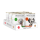 Eine Anzeige von sechs Dosen "DOG'S LOVE" Hundefutter, mit verschiedenen Geschmacksrichtungen und Farben, mit Etiketten, die Zutaten und ernährungsphysiologische Vorteile angeben.