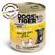 Dosen-Hundefutter mit der Aufschrift "Dogs'n Tiger", das Huhn und Ente mit Apfel und Kartoffel enthält, 63% Fleischanteil, geeignet für erwachsene Hunde.