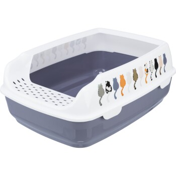 Une litière pour chat grise avec un dessus blanc présentant des illustrations colorées de queues de chat sur le côté et un design perforé pour la ventilation.