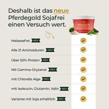 Überschrift 'Deshalb ist das neue Pferdegold Sojafrei', MUSKELN Pferdegold-Eimer, Checkliste mit 'NEU'-Markierungen und Häkchen.