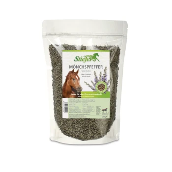 Paket mit ganzen Stiefel Mönchspfeffer-Samen, mit einem Pferdebild, mit Text, der die Vorteile für das hormonelle Gleichgewicht hervorhebt.