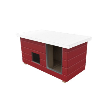 Rotes Holz-Haustierhaus mit weißem Flachdach und zwei vorderen Öffnungen: einer kleinen quadratischen und einer größeren rechteckigen.