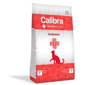 Calibra Veterinary Diets Tasche für diabetische Katzen, mit einem roten Design und einer Katzensilhouette, medizinischem Kreuz und dem Text "Klinisch bewiesen."