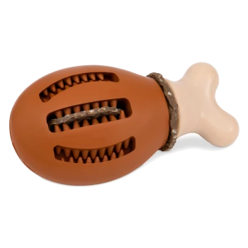 Ein braunes Gummihundespielzeug in Form eines Hähnchenbeins mit strukturierten Oberflächen und einem knochenförmigen Ende, entworfen zum Kauen.
