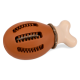 Ein braunes Gummihundespielzeug in Form eines Hähnchenbeins mit strukturierten Oberflächen und einem knochenförmigen Ende, entworfen zum Kauen.