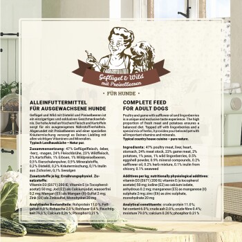 Hundefutteretikett mit einer Kochillustration, die 47% Geflügel, 24% Fleischbrühe und Vitamine in Deutsch und Englisch auflistet.