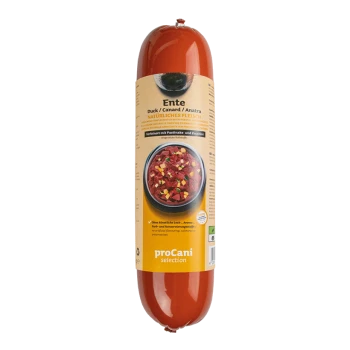 Entenfleisch-Haustierfutterrolle, beschriftet mit "Ente" und einer Schüssel mit gewürfeltem Fleisch und Gemüse, mit "proCani selection" Branding.