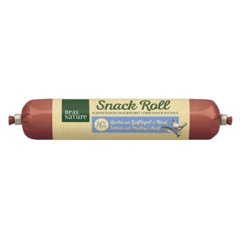 Bâton à grignoter Real Nature pour animaux, contenant du saumon avec de la volaille et du bœuf, 76 % de viande, étiqueté en allemand et en anglais.