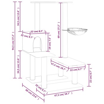 Katzenspielbaum-Diagramm mit Abmessungen in Zentimetern und Zoll, mit einem Kratzbaum, Plattformen und einem gemütlichen Versteck.
