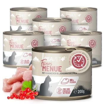 Dosen von BEAVET Feines Menue Haustierfutter mit Kaninchen und Johannisbeeren, beschriftet mit "98% Fleisch" und "Frei von Zucker & Getreide."