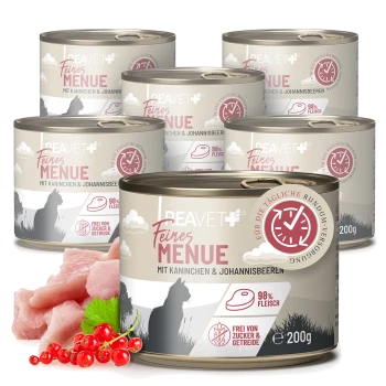 Dosen von BEAVET Feines Menue Haustierfutter mit Kaninchen und Johannisbeeren, beschriftet mit "98% Fleisch" und "Frei von Zucker & Getreide."