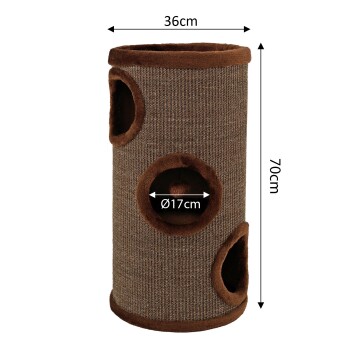 Brauner Katzenbaum mit drei runden Öffnungen, 70 cm hoch und 36 cm breit, mit weichen, plüschigen Kanten.