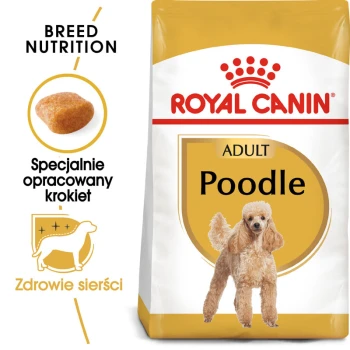 Torba z karmą dla psów Royal Canin Adult Poodle z ilustracją pudla, z tekstem podkreślającym odżywianie rasy i zdrowie serca.
