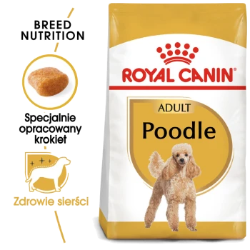 Torba z karmą dla psów Royal Canin Adult Poodle z ilustracją pudla, z tekstem podkreślającym odżywianie rasy i zdrowie serca.