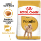 Torba z karmą dla psów Royal Canin Adult Poodle z ilustracją pudla, z tekstem podkreślającym odżywianie rasy i zdrowie serca.