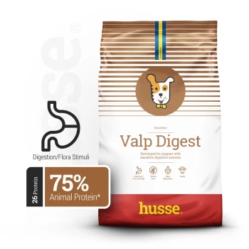 Beutel Husse Valp Digest Welpenfutter, mit einem Cartoon-Hund-Logo und Text: "75% tierisches Protein" und "Für empfindliche Verdauung."