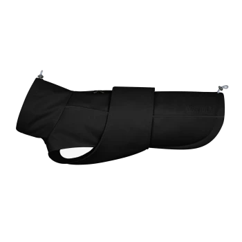 Schwarzer Hundemantel mit einem eleganten Design, mit einem Riemen und verstellbaren Verschlüssen, beschriftet mit "DOG IDEA."