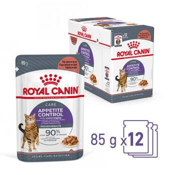 Karma dla kotów Royal Canin Appetite Control, 12-pak saszetek po 85g, z kotem i hasłem "Proven results" dla kontrolowanego żebrania.