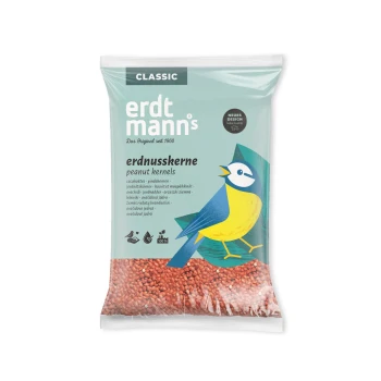 Tüte Erdtmann's Classic Erdnusskerne für Vögel mit einer blau-gelben Vogelillustration auf der Vorderseite.