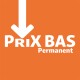 Fond orange avec une flèche pointant vers le bas et un texte en gras indiquant "PRIX BAS Permanent", signalant des prix bas.