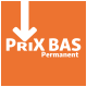 Fond orange avec une flèche pointant vers le bas et un texte en gras indiquant "PRIX BAS Permanent", signalant des prix bas.