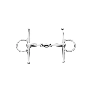 Ein glänzendes silbernes Pferdegebiss mit einem glatten, ovalen Zentrum und zwei Seitenringen, beschriftet mit 'MAX-Control 13,5 cm.'