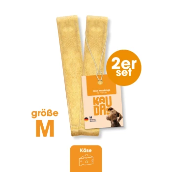 Knabber Kaustange Käse 2xM, 2x Zwei Käsekaustangen für Hunde, beschriftet mit "Käse Kaustange für Hunde", Größe M, mit einem Etikett, das "2er Set" und "Made in Germany" anzeigt.