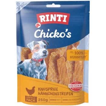RINTI Chicko's Hundesnack-Tüte mit illustrativem Hund und Hähnchenstreifen, beschriftet "Knusprige Hähnchenstreifen", "100% Huhnfilet", "250g".