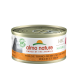 Eine Dose Almo Nature Katzenfutter mit einer Katzensilhouette, beschriftet mit "HFC Natural" und "Pollo e Tonno," und einem grünen "100% zur Natur" Siegel.