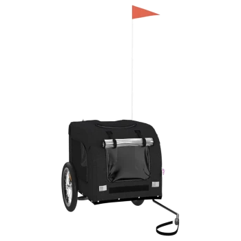 Schwarzer Haustieranhänger mit zwei Rädern, Netzfenstern und einer Sicherheitsflagge, entworfen für den Transport von Haustieren.