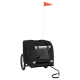 Schwarzer Haustieranhänger mit zwei Rädern, Netzfenstern und einer Sicherheitsflagge, entworfen für den Transport von Haustieren.