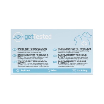 Blaue getTested-Box für Tollwuttest mit der Aufschrift ‚TOLLWUTTEST FÜR HUNDE & KATZEN‘ und Symbolen für Schnelltest, Speichel, Katze & Hund