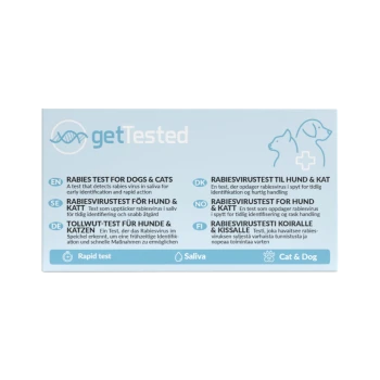 Blaue getTested-Box für Tollwuttest mit der Aufschrift ‚TOLLWUTTEST FÜR HUNDE & KATZEN‘ und Symbolen für Schnelltest, Speichel, Katze & Hund