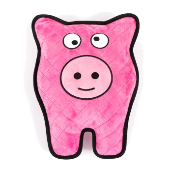 Ein süßes, rosa, schweinchenförmiges Plüschtier mit einem lächelnden Gesicht und großen Augen, mit einer gesteppten Textur und schwarzem Rand.