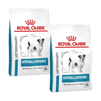 Nourriture pour chiens vétérinaire hypoallergénique Royal Canin pour petits chiens, avec une illustration de petit chien sur l'emballage.