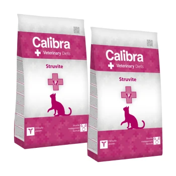 Feline Struvite 2x2 kg Zwei Beutel Calibra Veterinary Diets für Katzen, beschriftet 'Struvite', mit einem rosa Design und einer Katzensilhouette sowie einem medizinischen Kreuzsymbol.