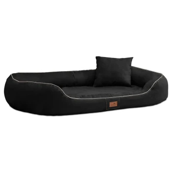 MARLON VISCO PLUS Velours - Orthopädisches Hundebett schwarz 1 m, 30 cm, 85 cm Schwarzes Haustierbett mit einem plüschigen Design, das ein abnehmbares Kissen und ein kleines passendes Kissen enthält, akzentuiert mit weißen Paspeln.