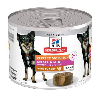 Hill's Science Plan dog food can for small and mini adults, perfect digestion with turkey mousse, 1-6 years, up to 10 kg.
