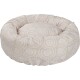 Lit pour animaux de compagnie rond avec un tissu doux de couleur crème présentant un motif floral circulaire, conçu pour le confort et le style.